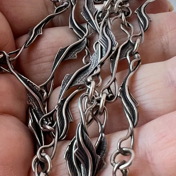 ANTIQUE VINTAGE LONG 925 STERLING SILVER NECKLACE CHAIN LEAVES DESIGN ORNATE